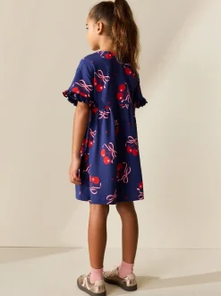 Jurken*Next - Jersey jurk met korte mouwen (3-16 jr) Marineblauw met kersenprint
