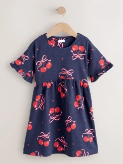 Jurken*Next - Jersey jurk met korte mouwen (3-16 jr) Marineblauw met kersenprint