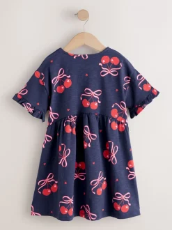 Jurken*Next - Jersey jurk met korte mouwen (3-16 jr) Marineblauw met kersenprint