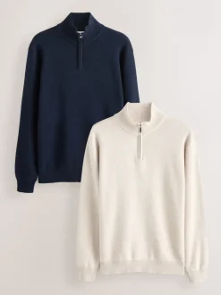 Gebreide Kleding|Next - 100% Cotton Regular Fit Premium Quarter Zip Jumpers 2 Pack Marineblauw/beigebruin