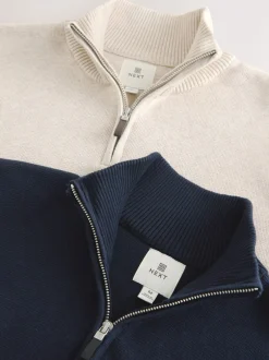 Gebreide Kleding|Next - 100% Cotton Regular Fit Premium Quarter Zip Jumpers 2 Pack Marineblauw/beigebruin