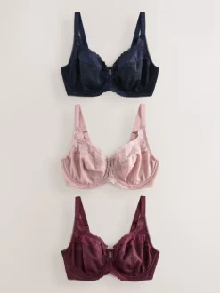 Beha's|Next - DD+ Beha's met volledige cups zonder vulling, set van 3 met kantversiering Marineblauw/bessenrood/roze