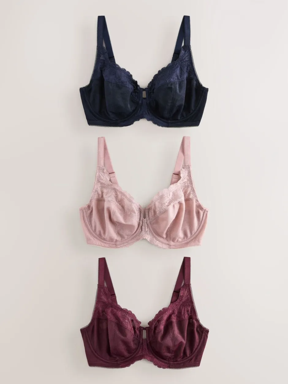 Beha's|Next - DD+ Beha's met volledige cups zonder vulling, set van 3 met kantversiering Marineblauw/bessenrood/roze