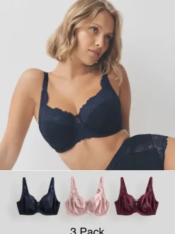 Beha's|Next - DD+ Beha's met volledige cups zonder vulling, set van 3 met kantversiering Marineblauw/bessenrood/roze