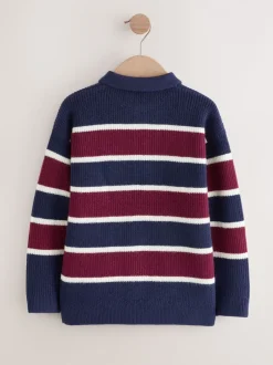 Truien En Breisels|Next - Gebreid rugbyshirt (3-16jr) Marineblauw/bordeauxrood gestreept