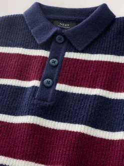 Truien En Breisels|Next - Gebreid rugbyshirt (3-16jr) Marineblauw/bordeauxrood gestreept