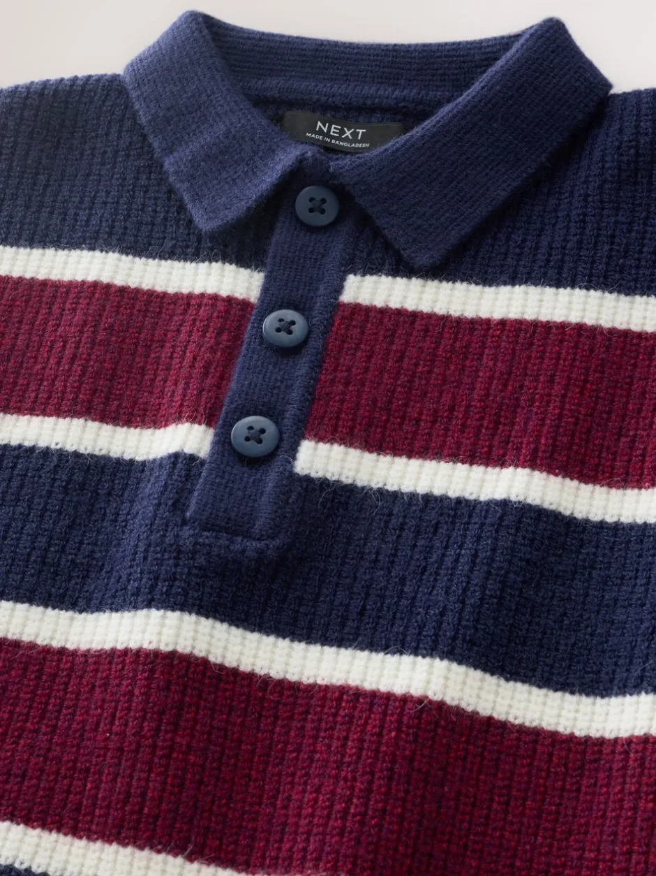 Truien En Breisels|Next - Gebreid rugbyshirt (3-16jr) Marineblauw/bordeauxrood gestreept