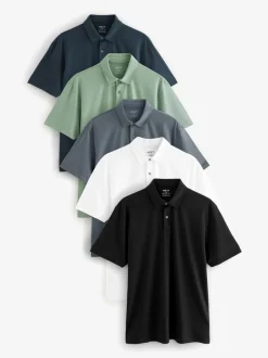 Poloshirts|T-Shirts En Hemden*Next Marineblauw/bruin/grijs/wit/saliegroen - Normale Pasvorm - Set van 5 jersey poloshirts met korte mouwen
