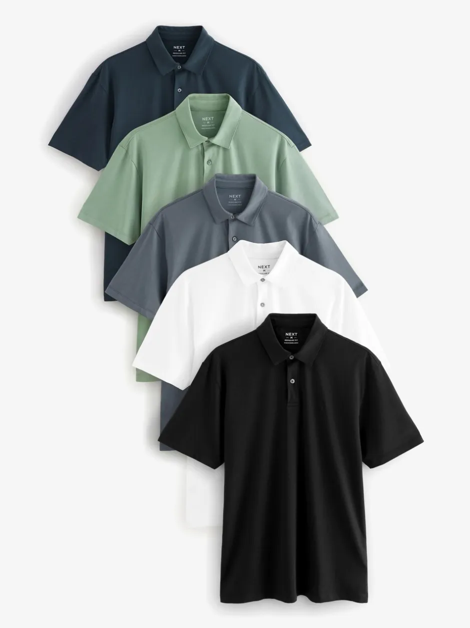 Poloshirts|T-Shirts En Hemden*Next Marineblauw/bruin/grijs/wit/saliegroen - Normale Pasvorm - Set van 5 jersey poloshirts met korte mouwen
