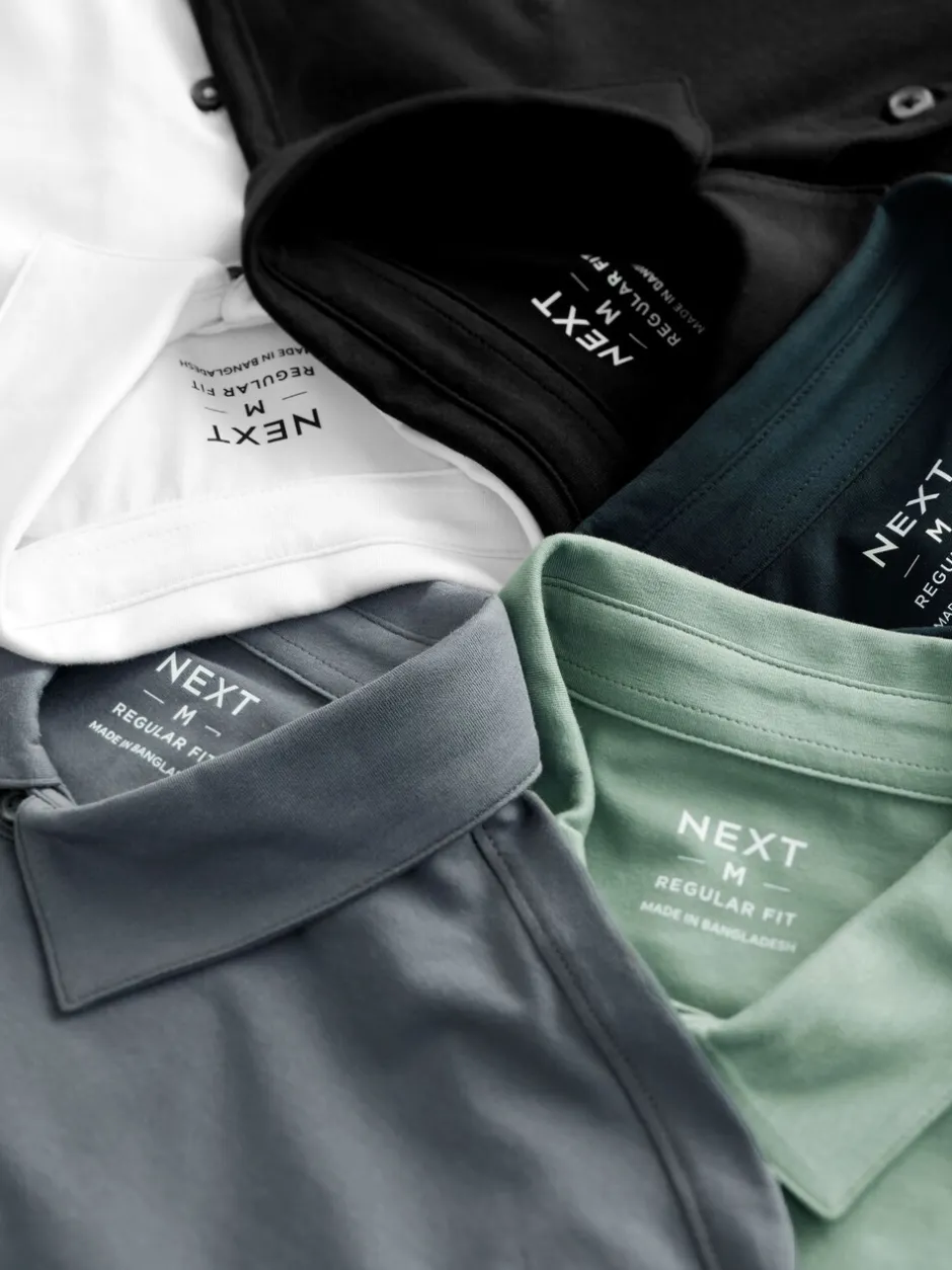 Poloshirts|T-Shirts En Hemden*Next Marineblauw/bruin/grijs/wit/saliegroen - Normale Pasvorm - Set van 5 jersey poloshirts met korte mouwen