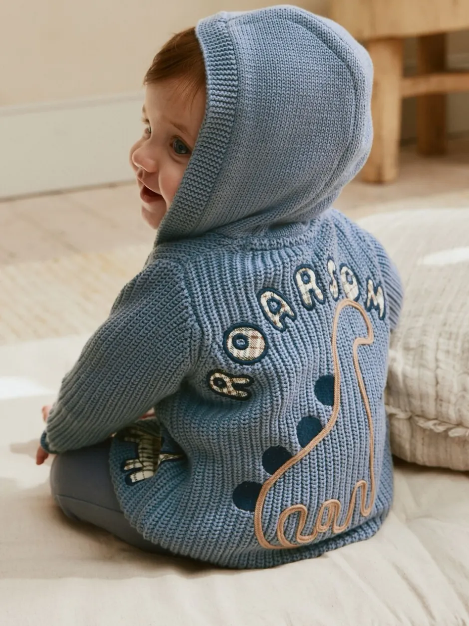 Truien En Breisels|Next Marineblauwe dinosaurusprint geborduurd - Gebreid babyvest met capuchon (0 mnd-2 jr)