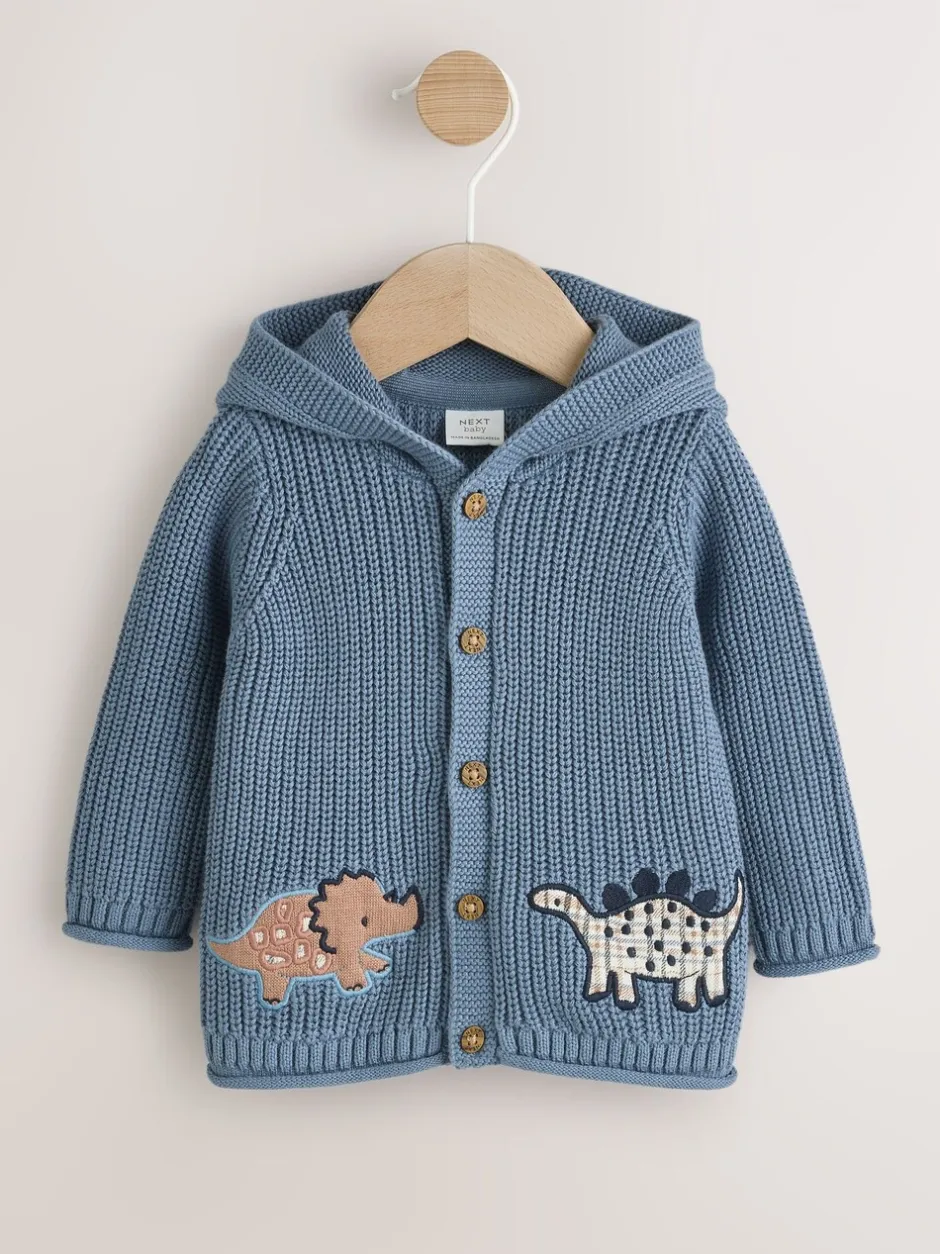 Truien En Breisels|Next Marineblauwe dinosaurusprint geborduurd - Gebreid babyvest met capuchon (0 mnd-2 jr)