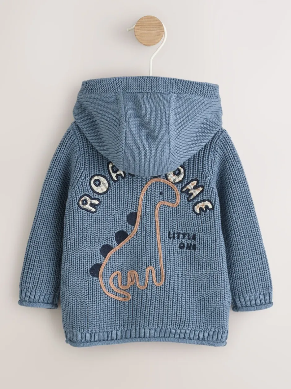 Truien En Breisels|Next Marineblauwe dinosaurusprint geborduurd - Gebreid babyvest met capuchon (0 mnd-2 jr)