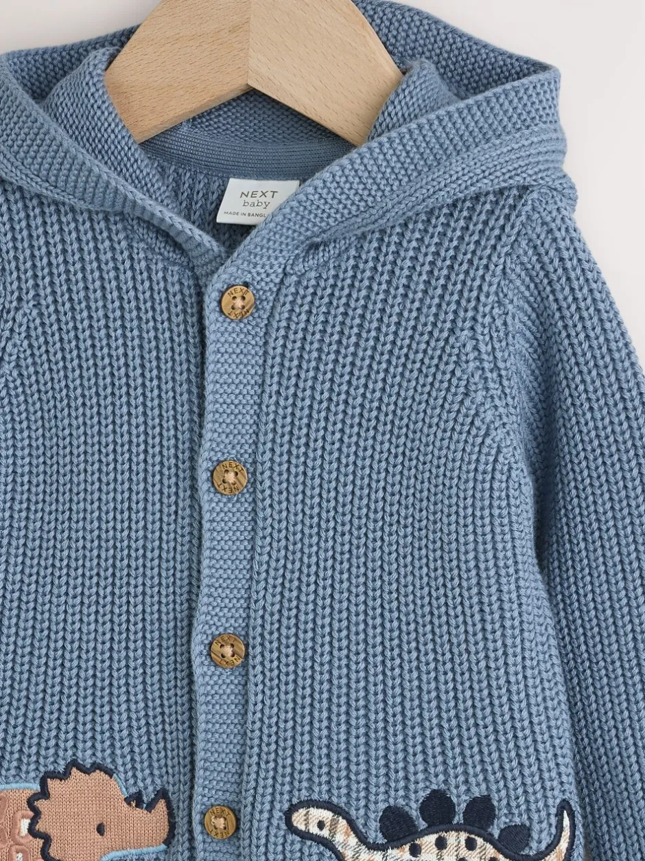 Truien En Breisels|Next Marineblauwe dinosaurusprint geborduurd - Gebreid babyvest met capuchon (0 mnd-2 jr)