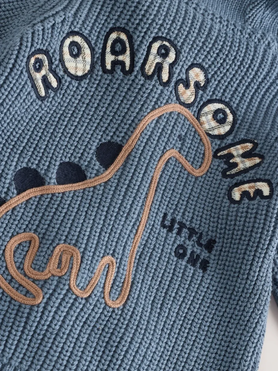 Truien En Breisels|Next Marineblauwe dinosaurusprint geborduurd - Gebreid babyvest met capuchon (0 mnd-2 jr)