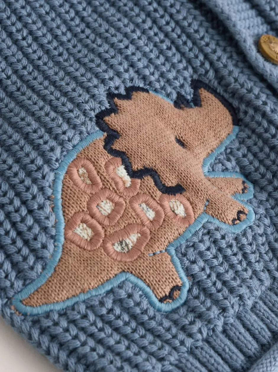 Truien En Breisels|Next Marineblauwe dinosaurusprint geborduurd - Gebreid babyvest met capuchon (0 mnd-2 jr)