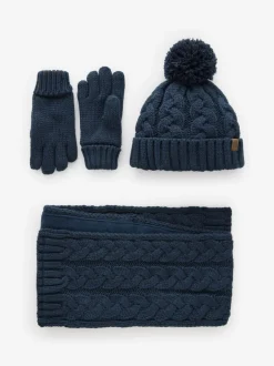 Mutsjes En Antikrabwantjes|Mutsen, Handschoenen En Sjaals|Next - Hoed, Handschoenen & Sjaals 3 delige Set (3-16jaar) Marineblauwe kabelgebreide trui