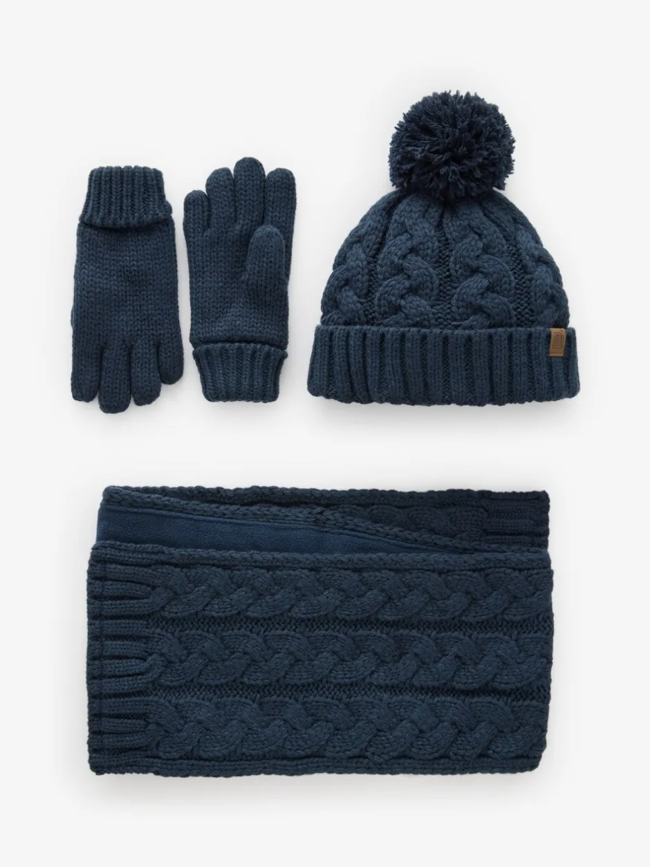 Mutsjes En Antikrabwantjes|Mutsen, Handschoenen En Sjaals|Next - Hoed, Handschoenen & Sjaals 3 delige Set (3-16jaar) Marineblauwe kabelgebreide trui