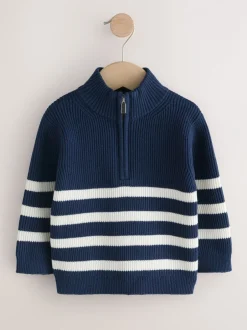 Truien En Breisels*Next - Gebreide trui met kwartrits (3mnd-7jr) Marineblauw/Ecru Strepen