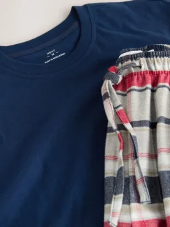 Pyjama's|Loungewear*Next Marineblauw/grijs - Geruite geweven pyjamaset met korte mouwen