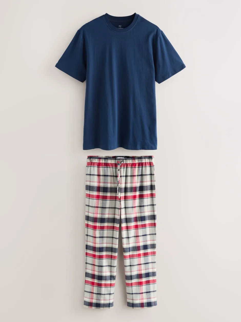 Pyjama's|Loungewear*Next Marineblauw/grijs - Geruite geweven pyjamaset met korte mouwen