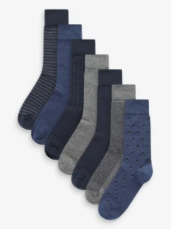 Sokken|Sokken|Next Marineblauw/grijs met motief - Verpakking van 7 - Herensokken met hoog katoengehalte