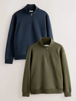 Sweaters En Hoody´S|Sweaters En Hoody´S|Next Marineblauw/kakigroen - 2 Pack Zware Jersey Sweatshirts met Hoog Katoengehalte en Kwartrits bij de Hals
