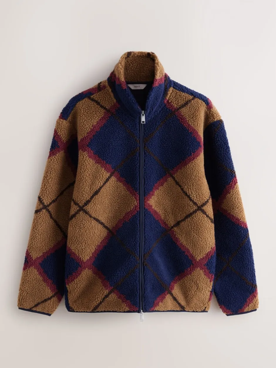 Loungewear|Jassen En Jacks|Next - Volledig doorlopende rits - Fleece trui met print Marineblauw/Lichtbruin/Bruin Argyle