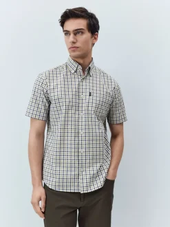 Shirts|Next Marineblauw/neutrale gingham-ruit - Strijvrij Oxford overhemd met korte mouwen en knopen