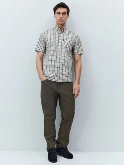 Shirts|Next Marineblauw/neutrale gingham-ruit - Strijvrij Oxford overhemd met korte mouwen en knopen