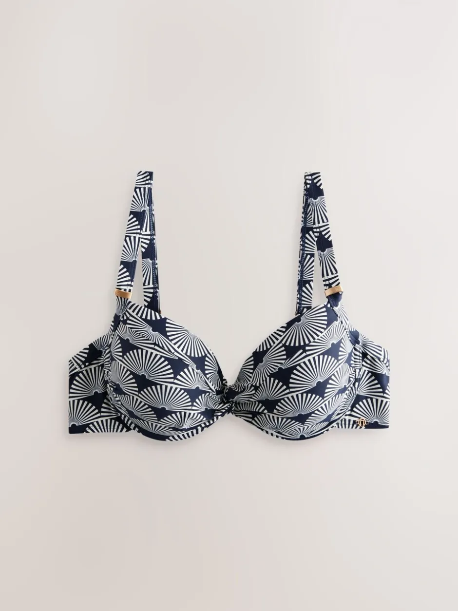 Badkleding|Next Marineblauw/wit met waaierprint - Buikcorrigerende bikinitop met vulling en beugel