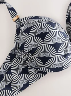 Badkleding|Next Marineblauw/wit met waaierprint - Buikcorrigerende bikinitop met vulling en beugel
