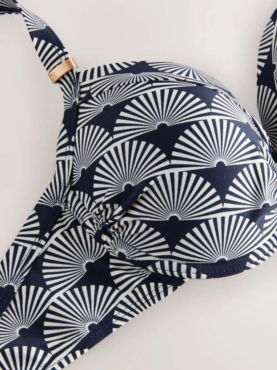 Badkleding|Next Marineblauw/wit met waaierprint - Buikcorrigerende bikinitop met vulling en beugel