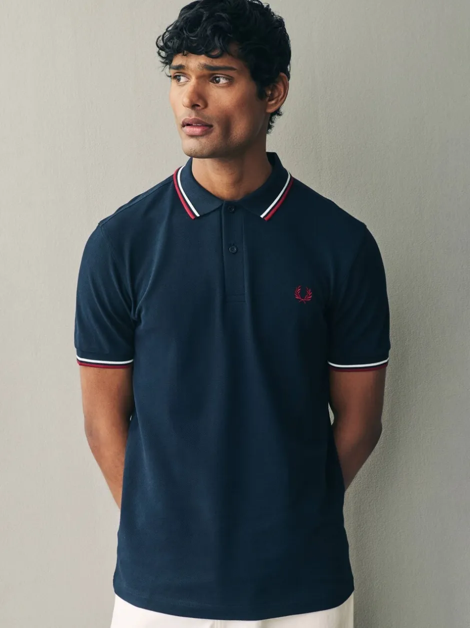 Poloshirts*Fred Perry Marineblauw/wit/rood - poloshirt met gestreepte rand