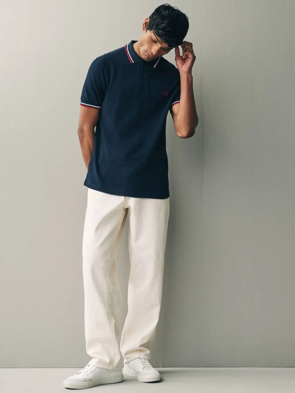 Poloshirts*Fred Perry Marineblauw/wit/rood - poloshirt met gestreepte rand