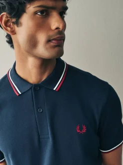 Poloshirts*Fred Perry Marineblauw/wit/rood - poloshirt met gestreepte rand