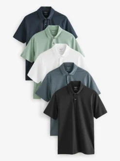 Poloshirts|T-Shirts En Hemden|Next Marineblauw/zwart/grijs/wit/saliegroen - Slim Fit - Set van 5 jersey poloshirts met korte mouwen
