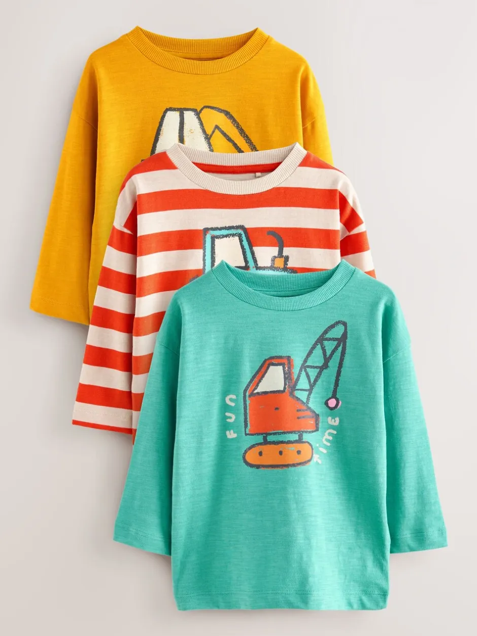Tops|T-Shirts|Next Meerkleurige Digger - Set van 3 T-shirts met grafische print en lange mouwen (3mnd-7jr)