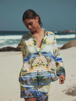 Blouses En Overhemden|Tops En T-Shirts*Next - Relaxed Long Sleeve Shirt With Linen Meerkleurige schilderachtige print
