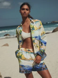 Blouses En Overhemden|Tops En T-Shirts*Next - Relaxed Long Sleeve Shirt With Linen Meerkleurige schilderachtige print