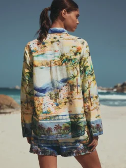 Blouses En Overhemden|Tops En T-Shirts*Next - Relaxed Long Sleeve Shirt With Linen Meerkleurige schilderachtige print