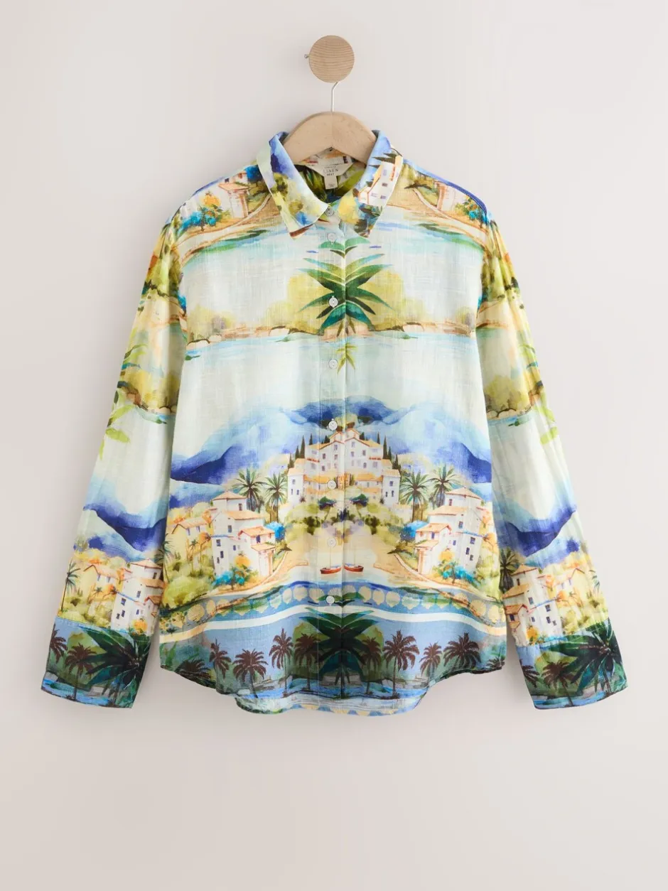 Blouses En Overhemden|Tops En T-Shirts*Next - Relaxed Long Sleeve Shirt With Linen Meerkleurige schilderachtige print