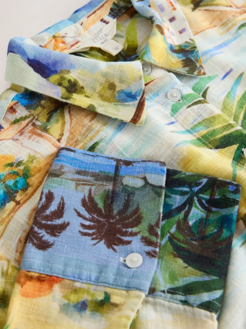Blouses En Overhemden|Tops En T-Shirts*Next - Relaxed Long Sleeve Shirt With Linen Meerkleurige schilderachtige print