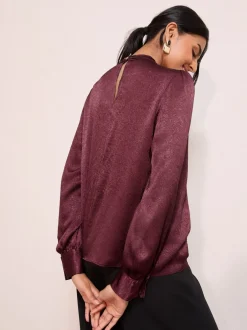 Blouses En Overhemden|Friends Like These - - Gecrushte satijnen blouse met gedraaide hals en lange mouwen Merlotrood