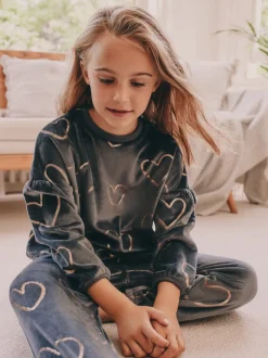 Nachtkleding En Pyjama's|Pyjama's|Next Metallic antracietgrijs hart - Behaaglijke fleece pyjama (9 mnd-16 jr)
