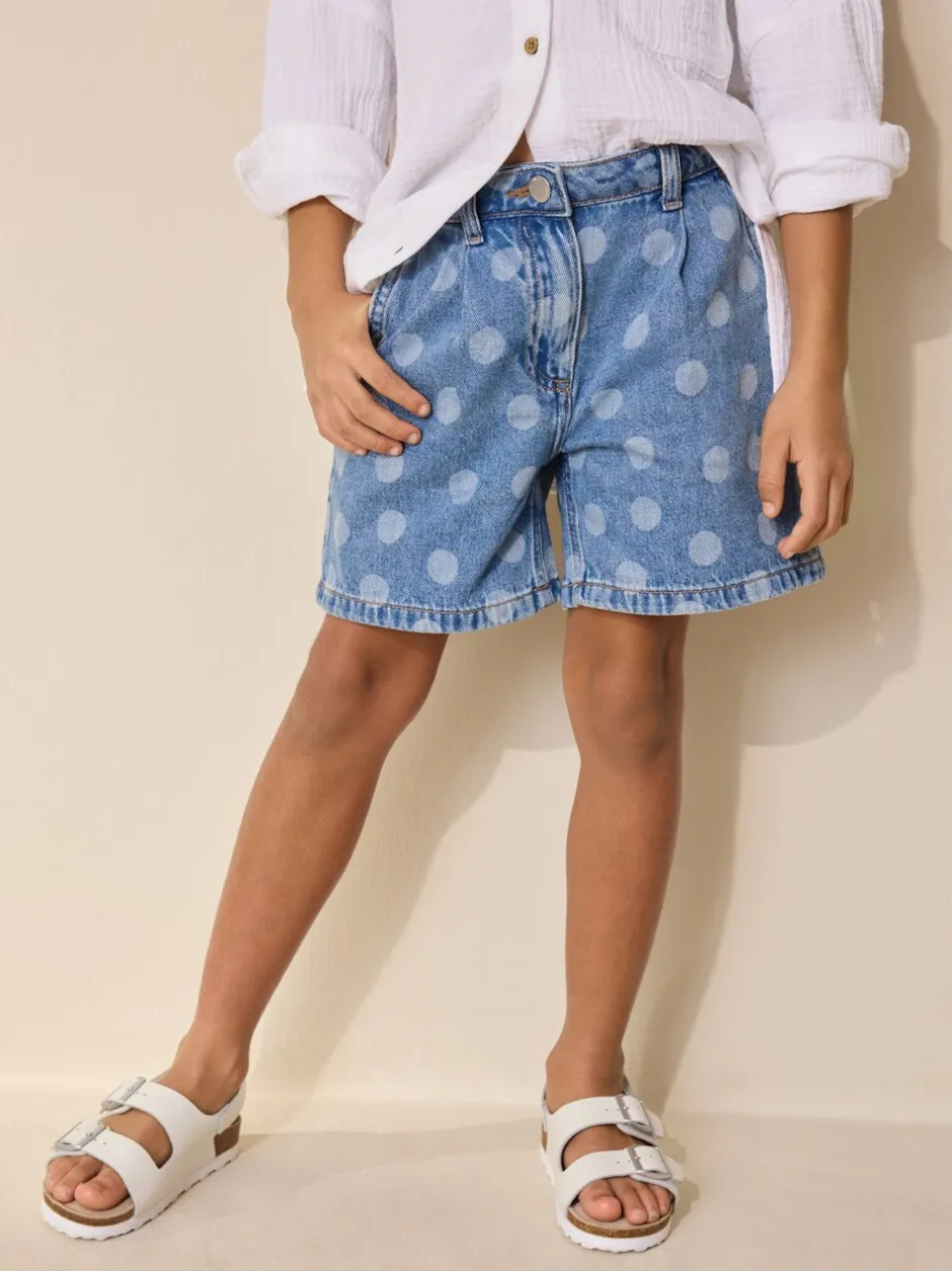 Shorts En Rokken*Next - Relaxed Denim Pleated Shorts (3-16yrs) Mid Blue Spot print