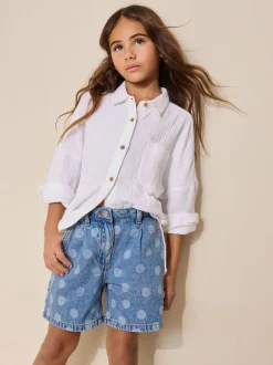 Shorts En Rokken*Next - Relaxed Denim Pleated Shorts (3-16yrs) Mid Blue Spot print