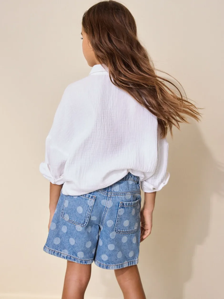 Shorts En Rokken*Next - Relaxed Denim Pleated Shorts (3-16yrs) Mid Blue Spot print