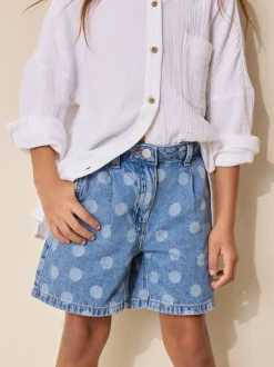 Shorts En Rokken*Next - Relaxed Denim Pleated Shorts (3-16yrs) Mid Blue Spot print