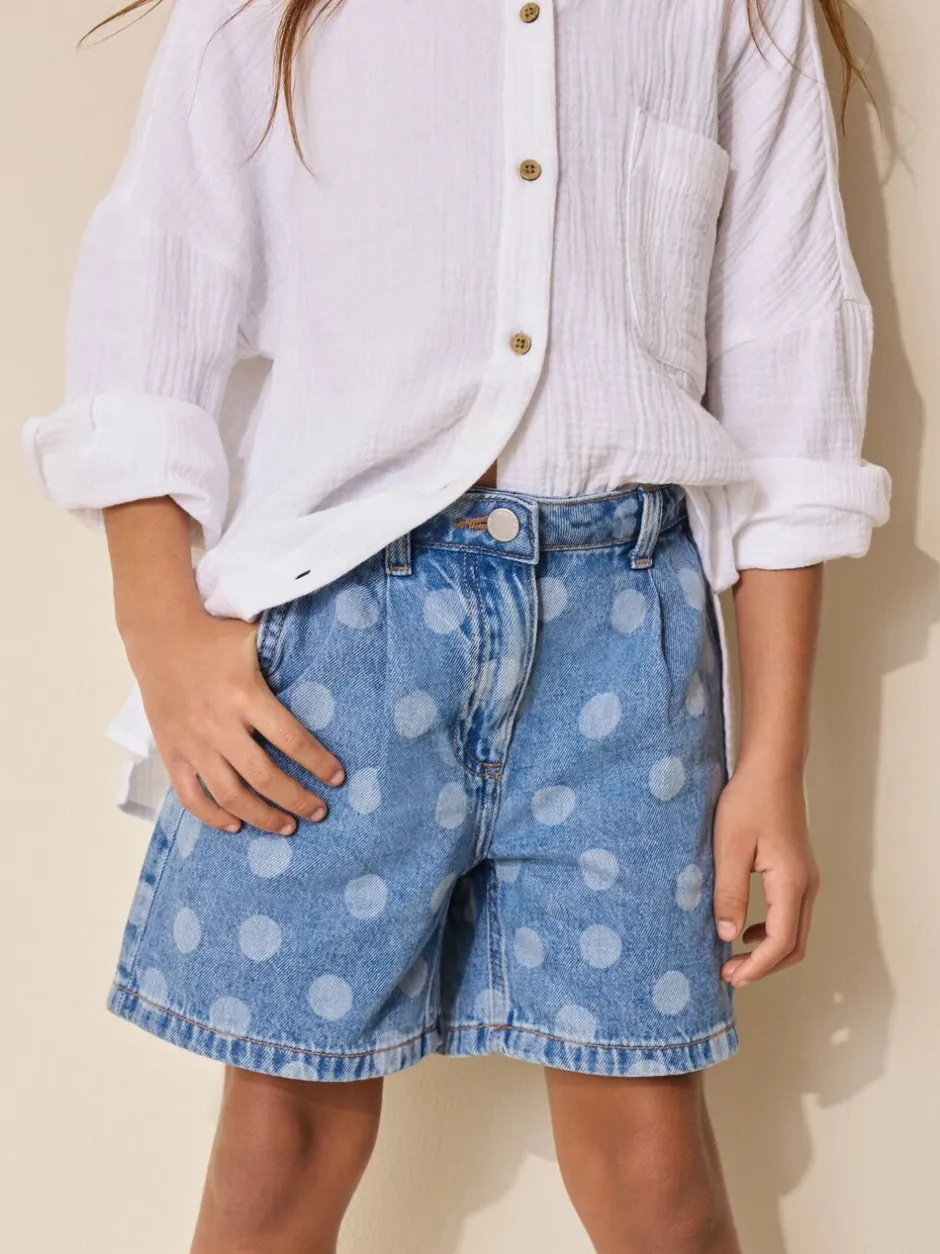 Shorts En Rokken*Next - Relaxed Denim Pleated Shorts (3-16yrs) Mid Blue Spot print